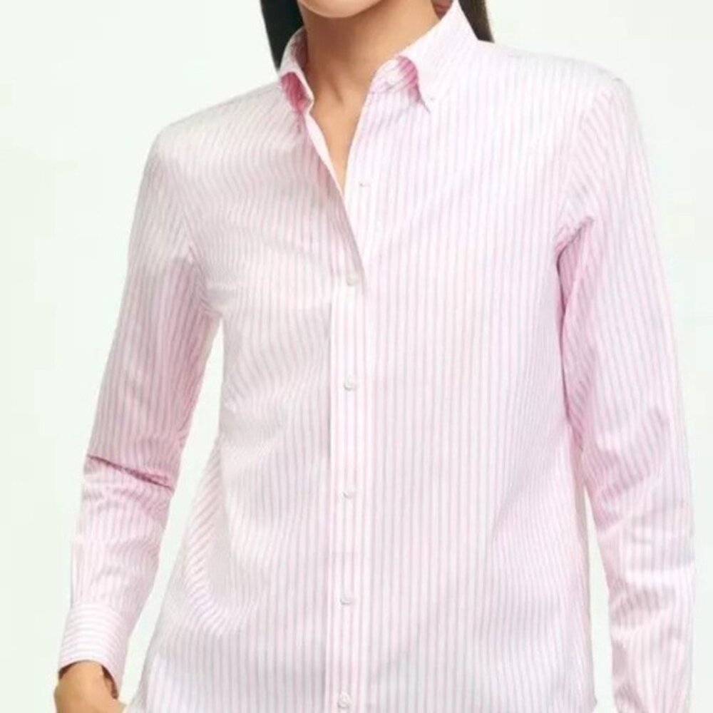 BROOKS BROTHERS Womens Pink White Striped Classic Fit Stretch Button Up Shirt 8